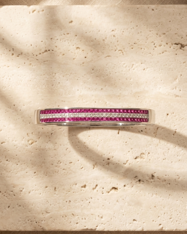 Radiant Ruby & Diamond Hinged Bangle — view 1
