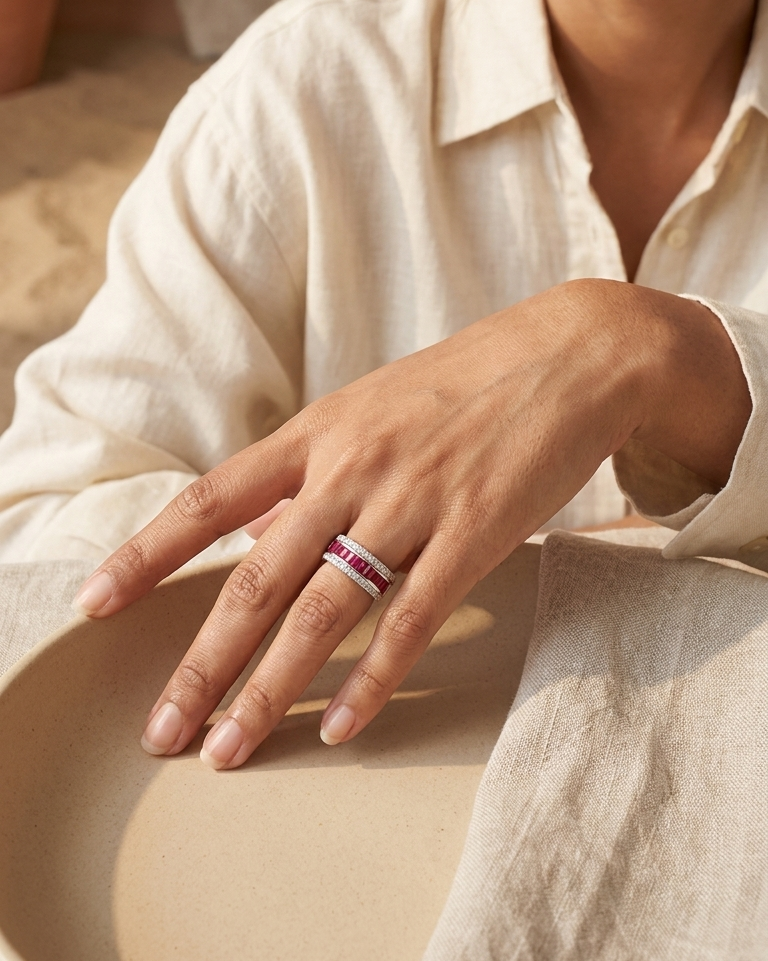 Ruby Channel Band with Pavé Diamond Accent — view 3