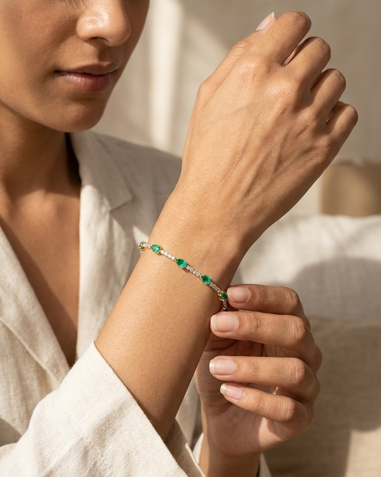 Emerald Pear Station Diamond Tennis Bracelet — view 3