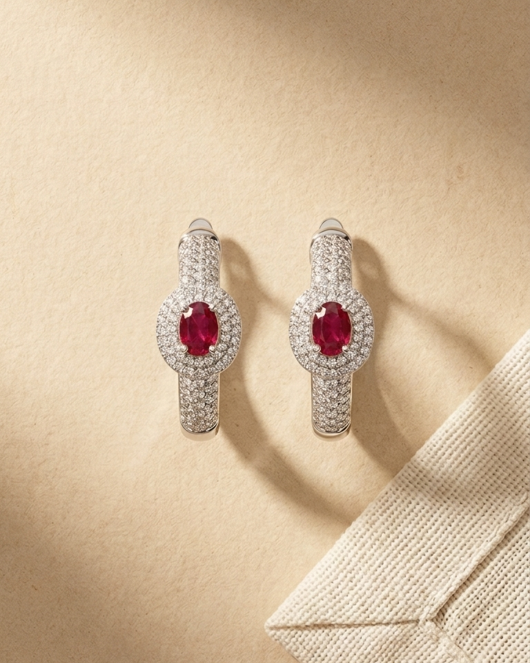 Ruby & Diamond Oval Drop Earrings — view 1