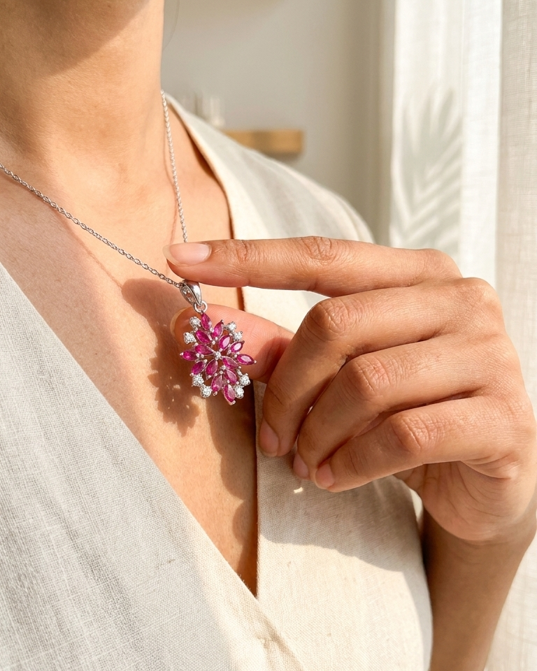Ruby Floral Cluster Pendant