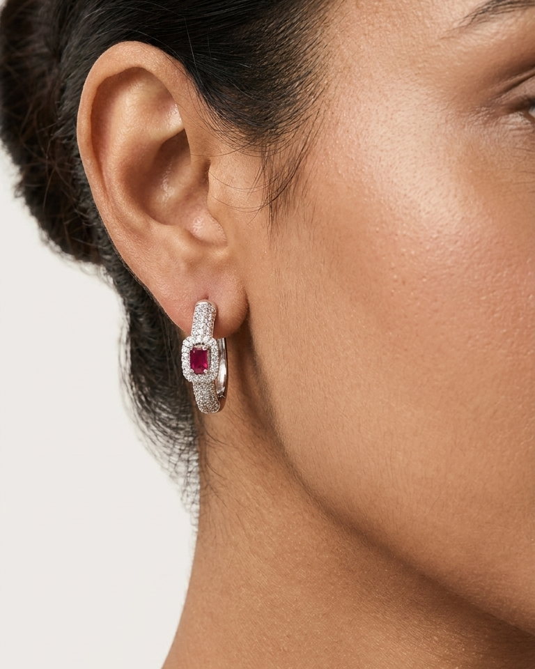 Ruby & Diamond Oval Drop Earrings — view 2