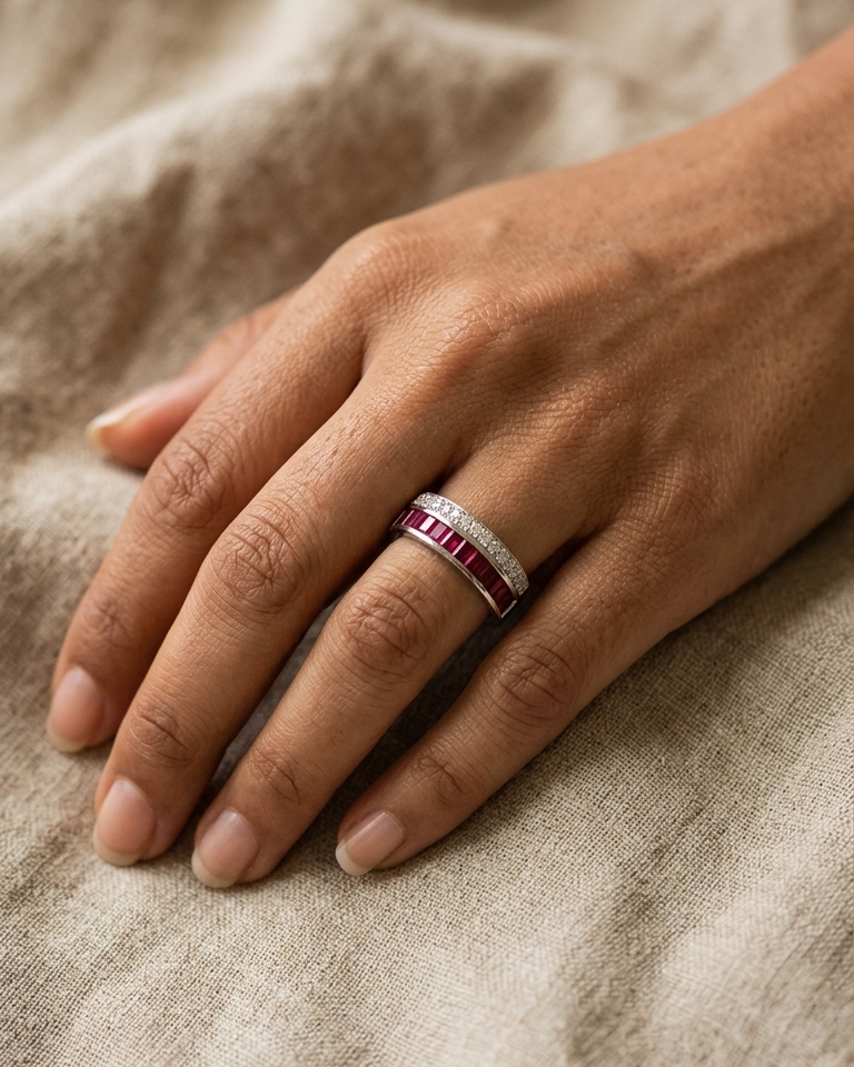 Ruby Channel Band with Pavé Diamond Accent — view 2