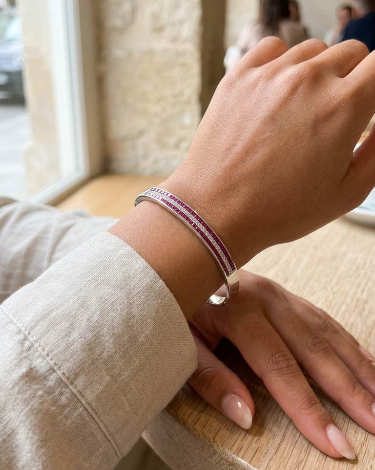 Radiant Ruby & Diamond Hinged Bangle — view 3