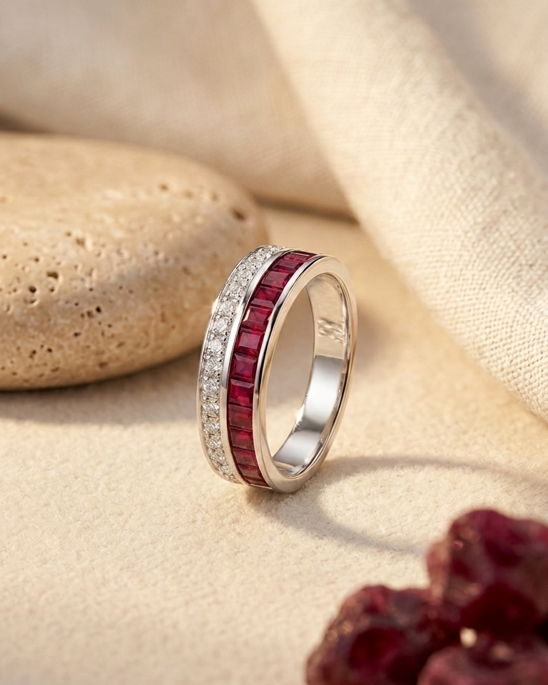 Ruby Channel Band with Pavé Diamond Accent — view 1