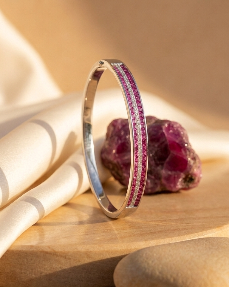 Radiant Ruby & Diamond Hinged Bangle — view 4